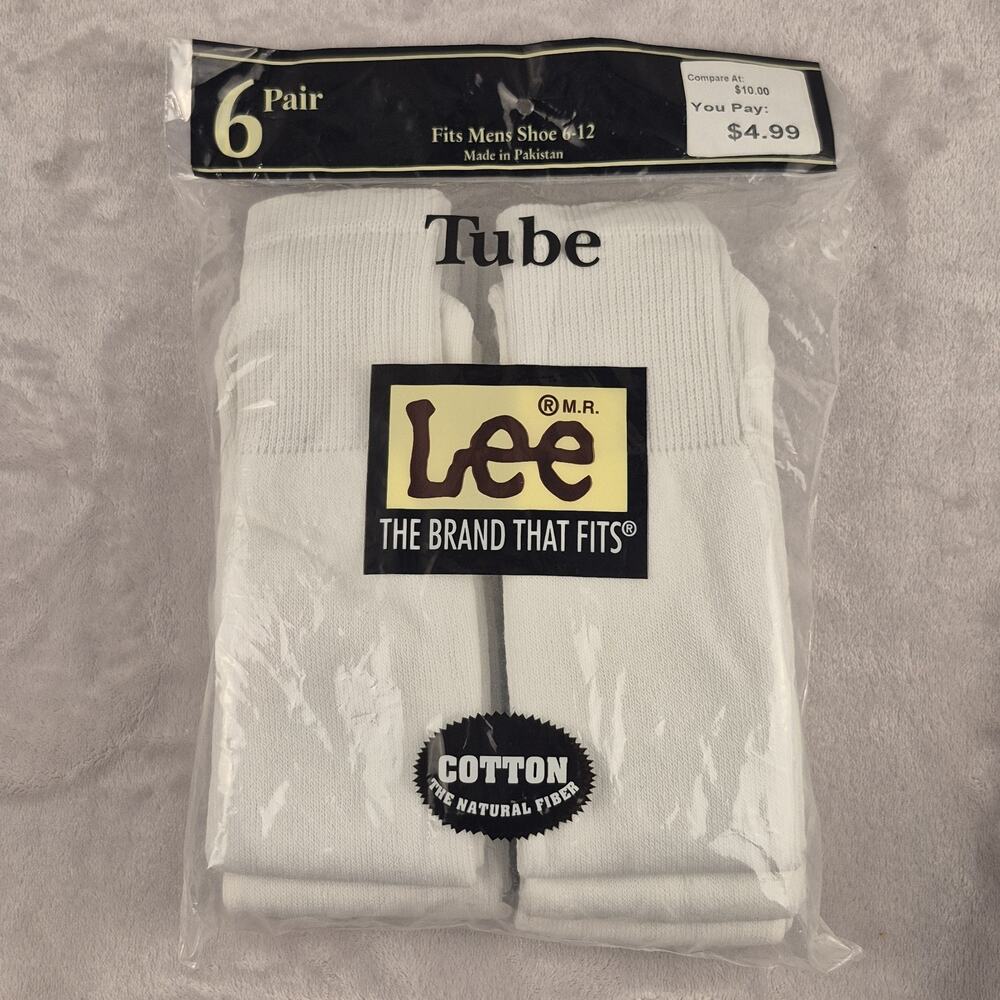 Vintage 1990s Lee Tube Socks Cotton 6 Pair Mens Sz 6-12 White New Old Stock